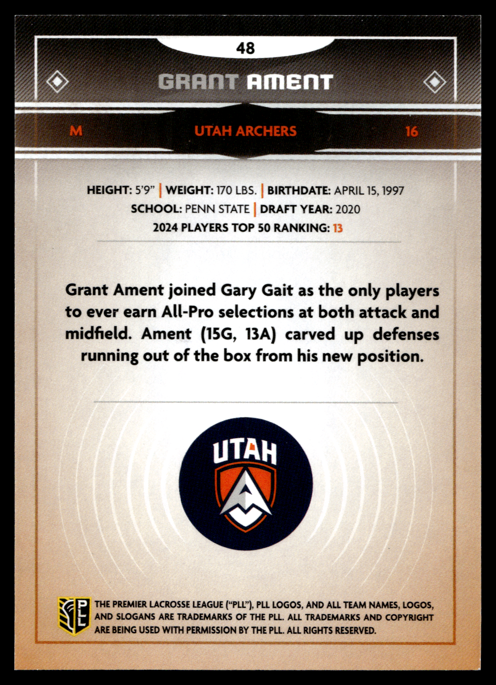 Grant Ament 2025 PLL Fieldside Utah Archers Green Foil 56/99 #48