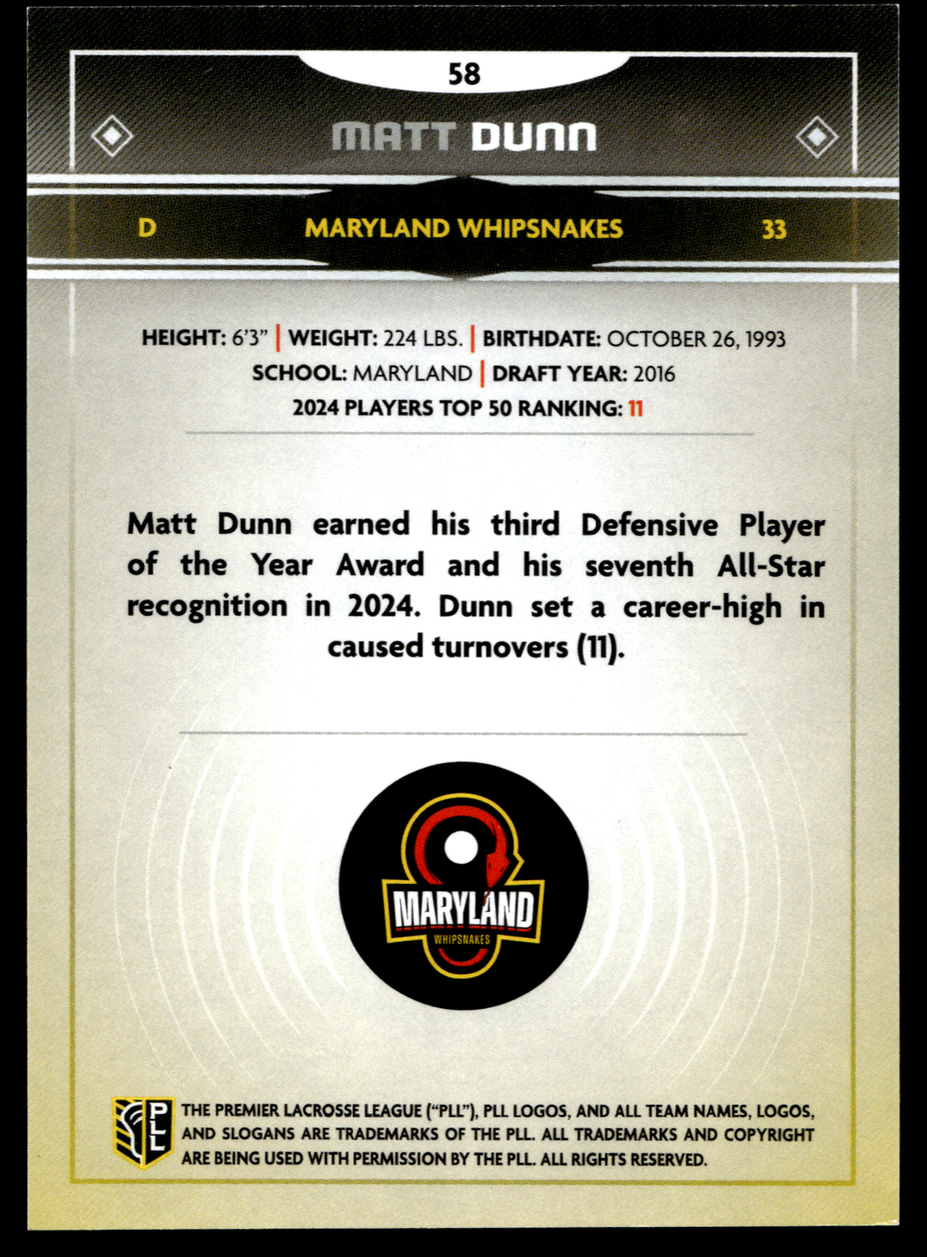 Matt Dunn 2025 PLL Fieldside Maryland Whipsnakes Green Foil 87/99 #58