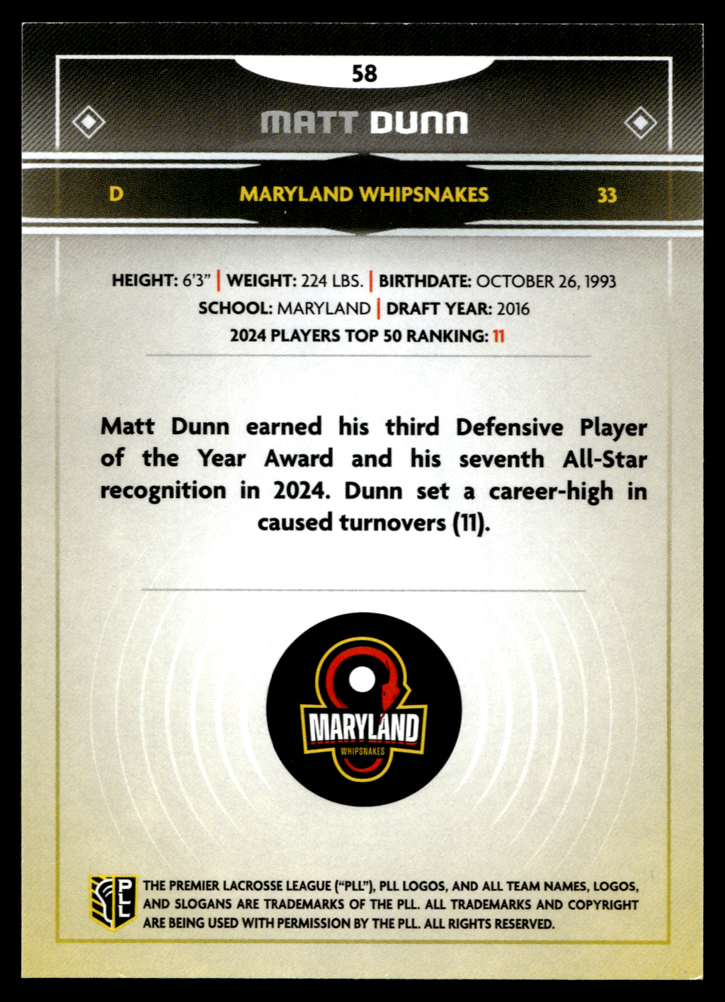 Matt Dunn 2025 PLL Fieldside Maryland Whipsnakes Green Foil 95/99 #58