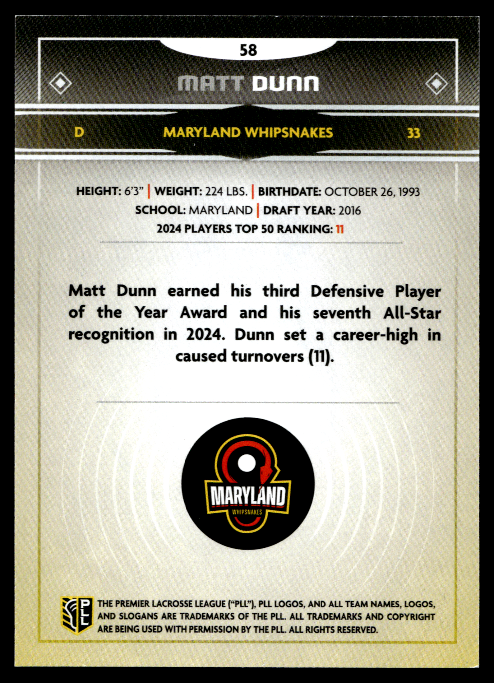 Matt Dunn 2025 PLL Fieldside Maryland Whipsnakes Green Foil 95/99 #58