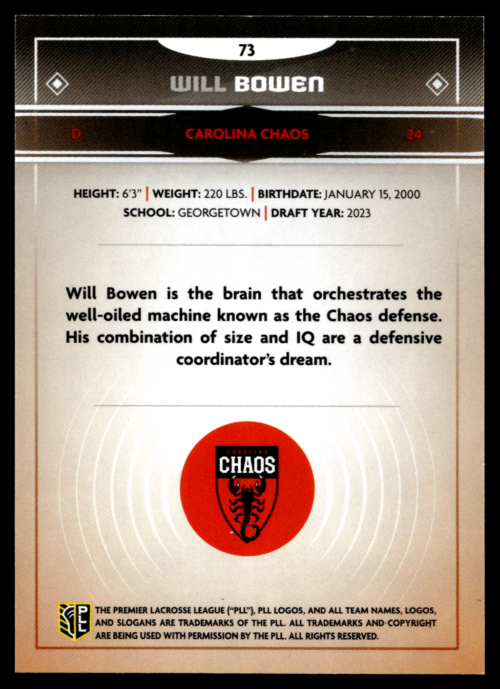 Will Bowen 2025 PLL Fieldside Carolina Chaos Green Foil 84/99 #73