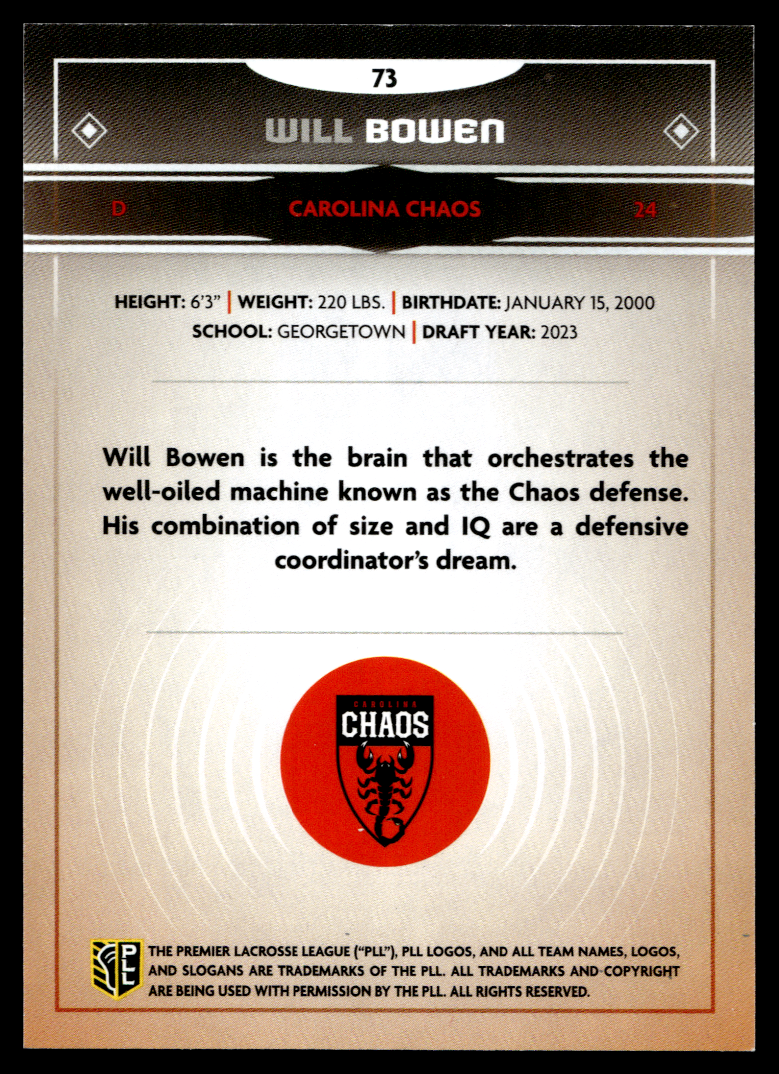 Will Bowen 2025 PLL Fieldside Carolina Chaos Green Foil 84/99 #73