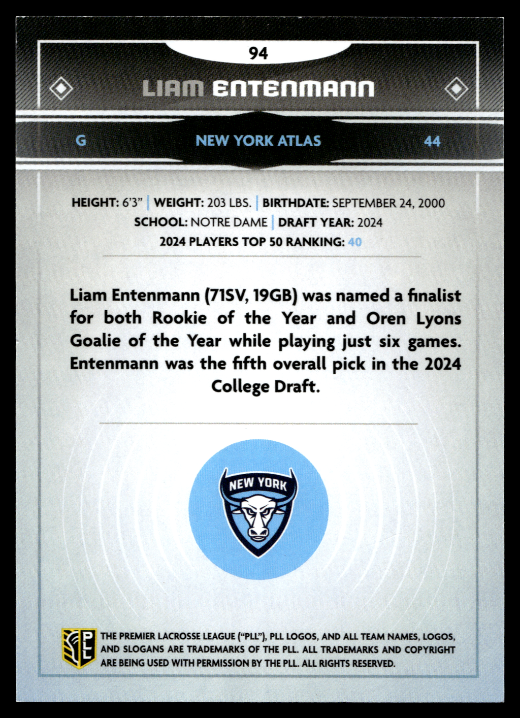 Liam Entenmann 2025 PLL Fieldside New York Atlas Green Foil 01/99 #94