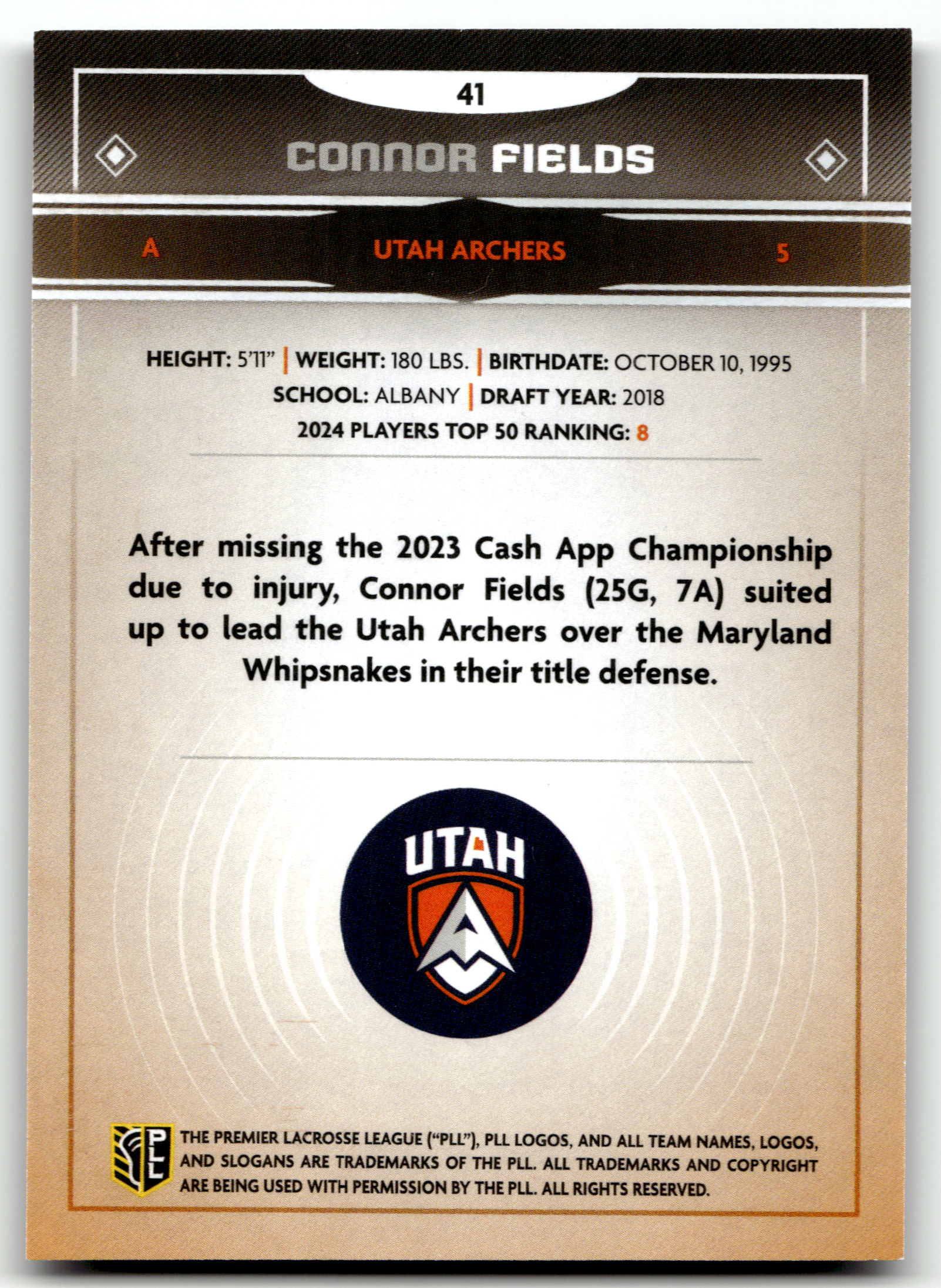 Connor Fields 2025 PLL Fieldside Utah Archers Cream Of The Cropped #41