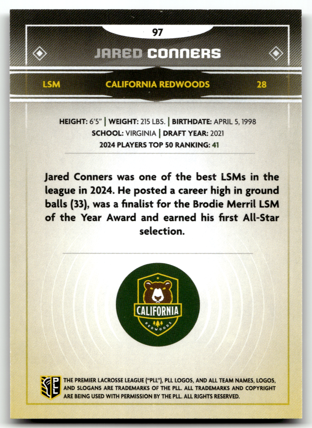 Jared Conners 2025 PLL Fieldside California Redwoods Cream Of The Cropped #97