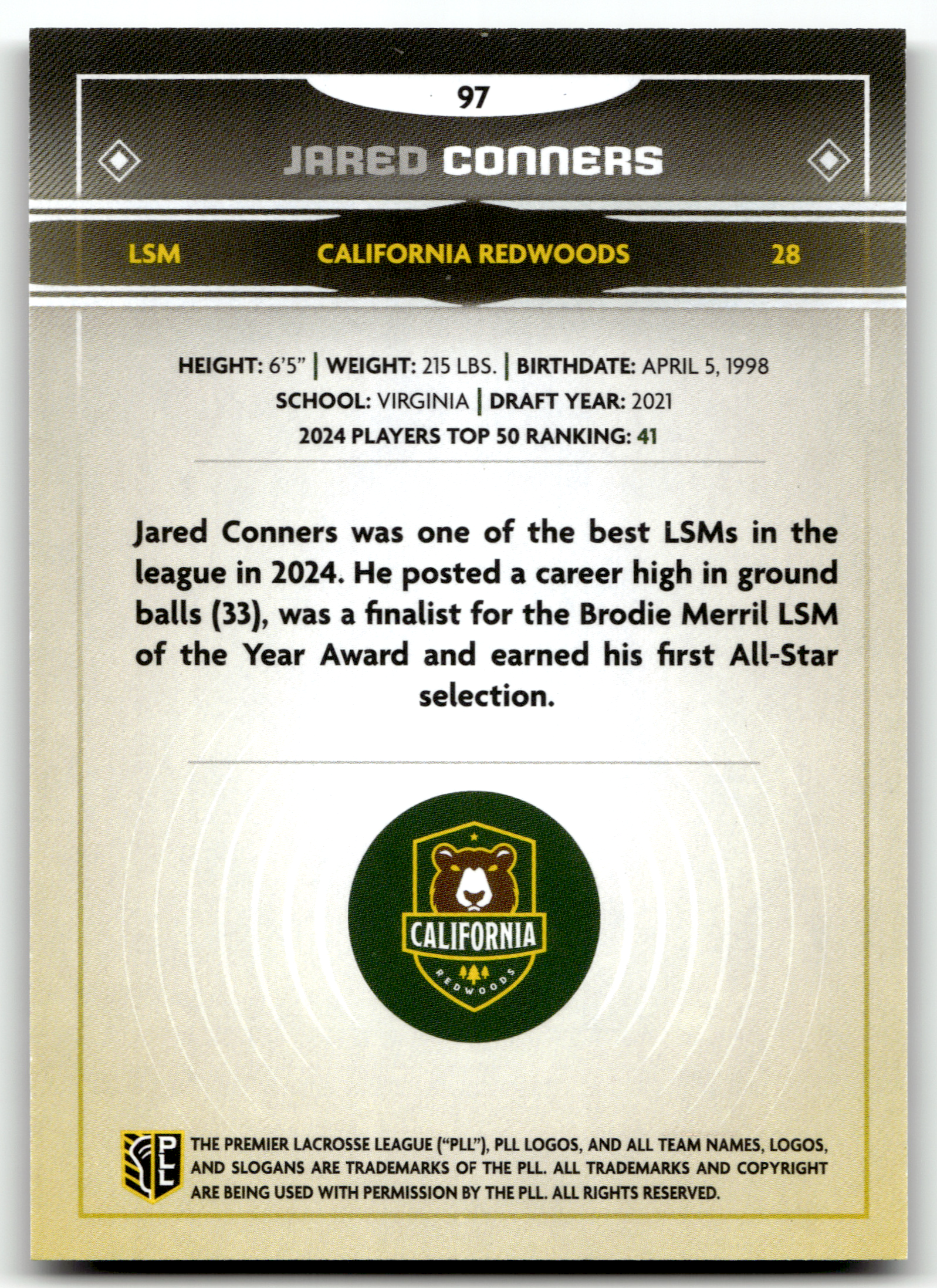 Jared Conners 2025 PLL Fieldside California Redwoods Cream Of The Cropped #97