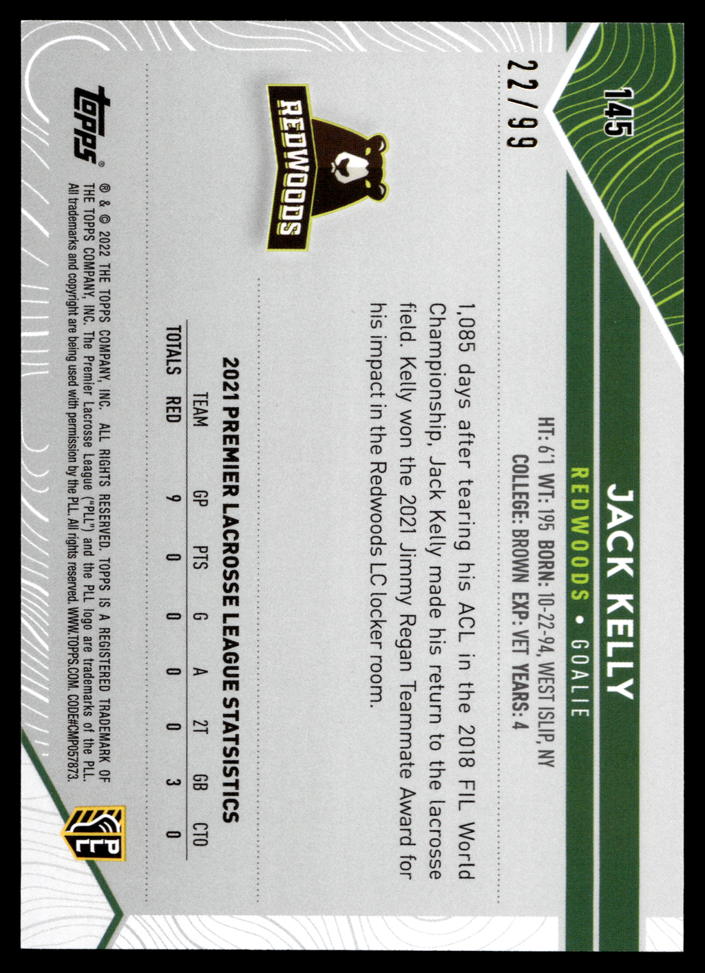 Jack Kelly 2022 Topps PLL Redwoods Blue 22/99 #145