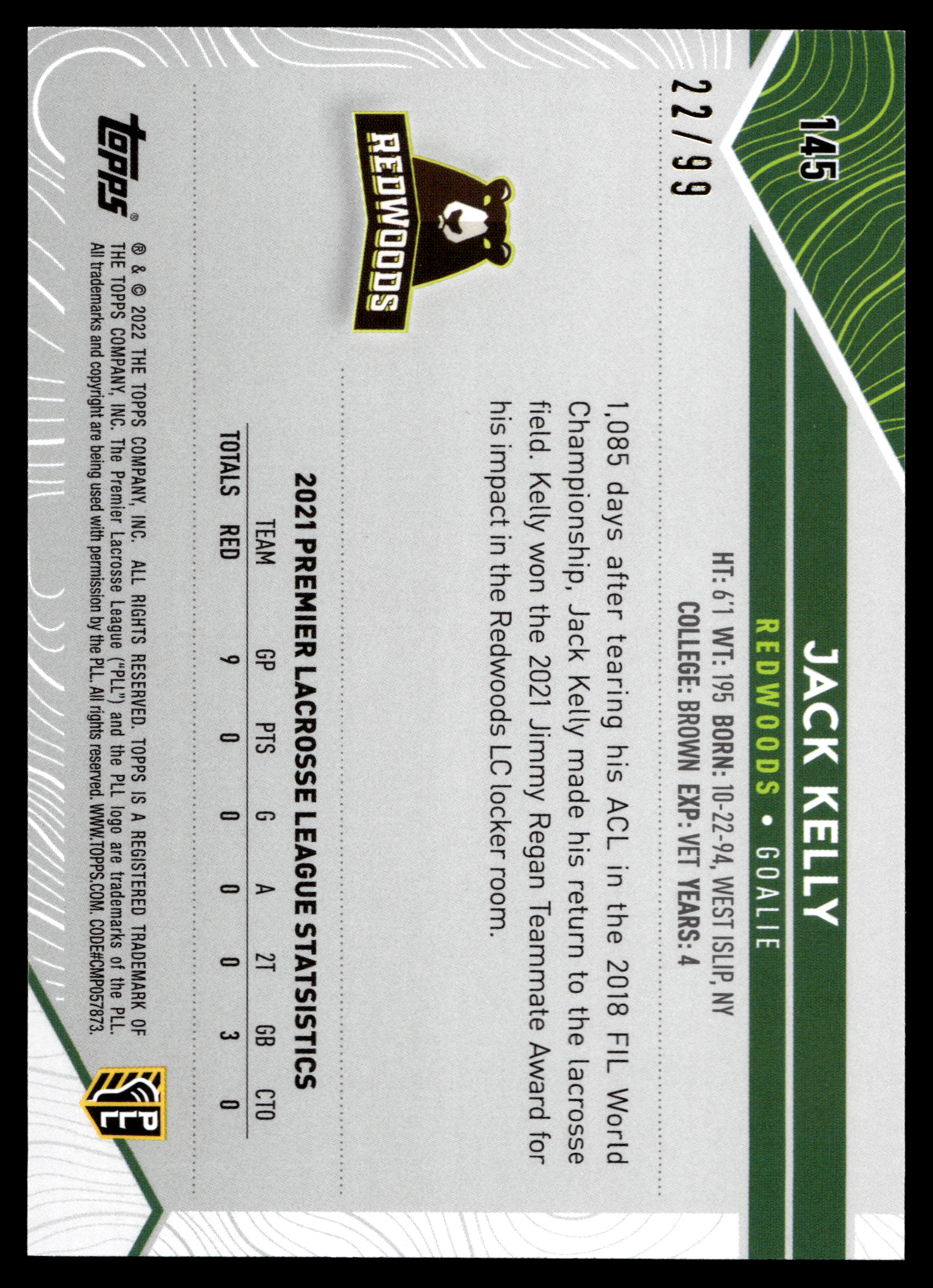 Jack Kelly 2022 Topps PLL Redwoods Blue 22/99 #145