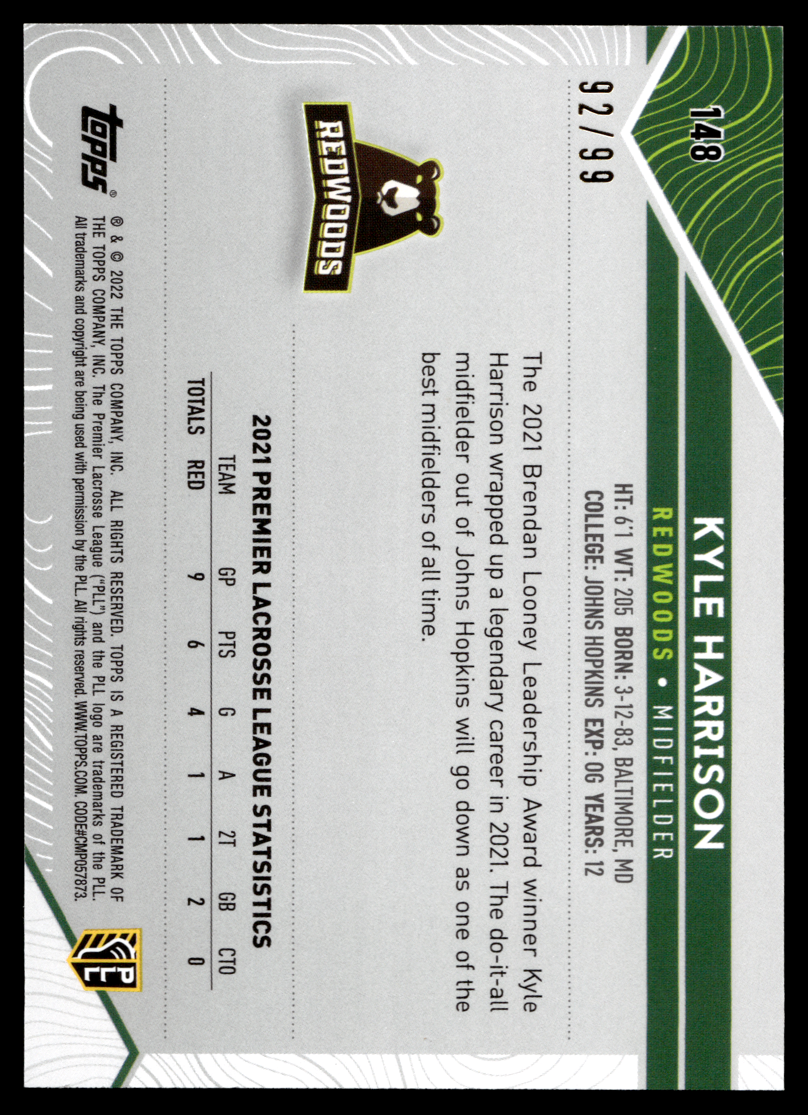 Kyle Harrison 2022 Topps PLL Redwoods Blue 92/99 #148