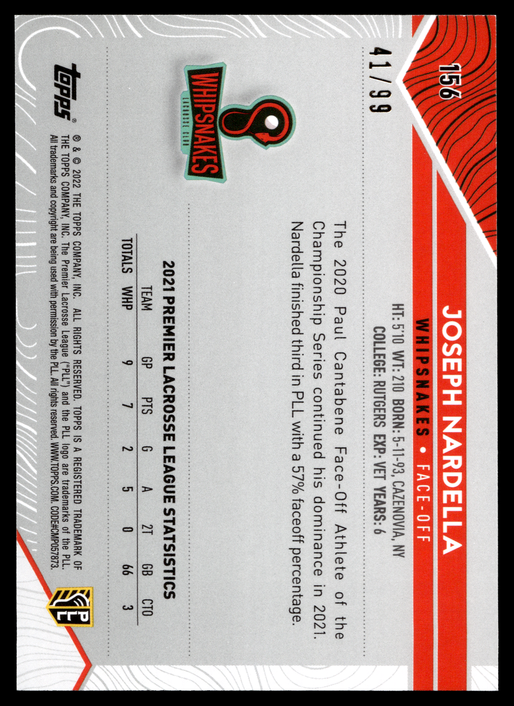 Joseph Nardella 2022 Topps PLL Whipsnakes Blue 41/99 #156