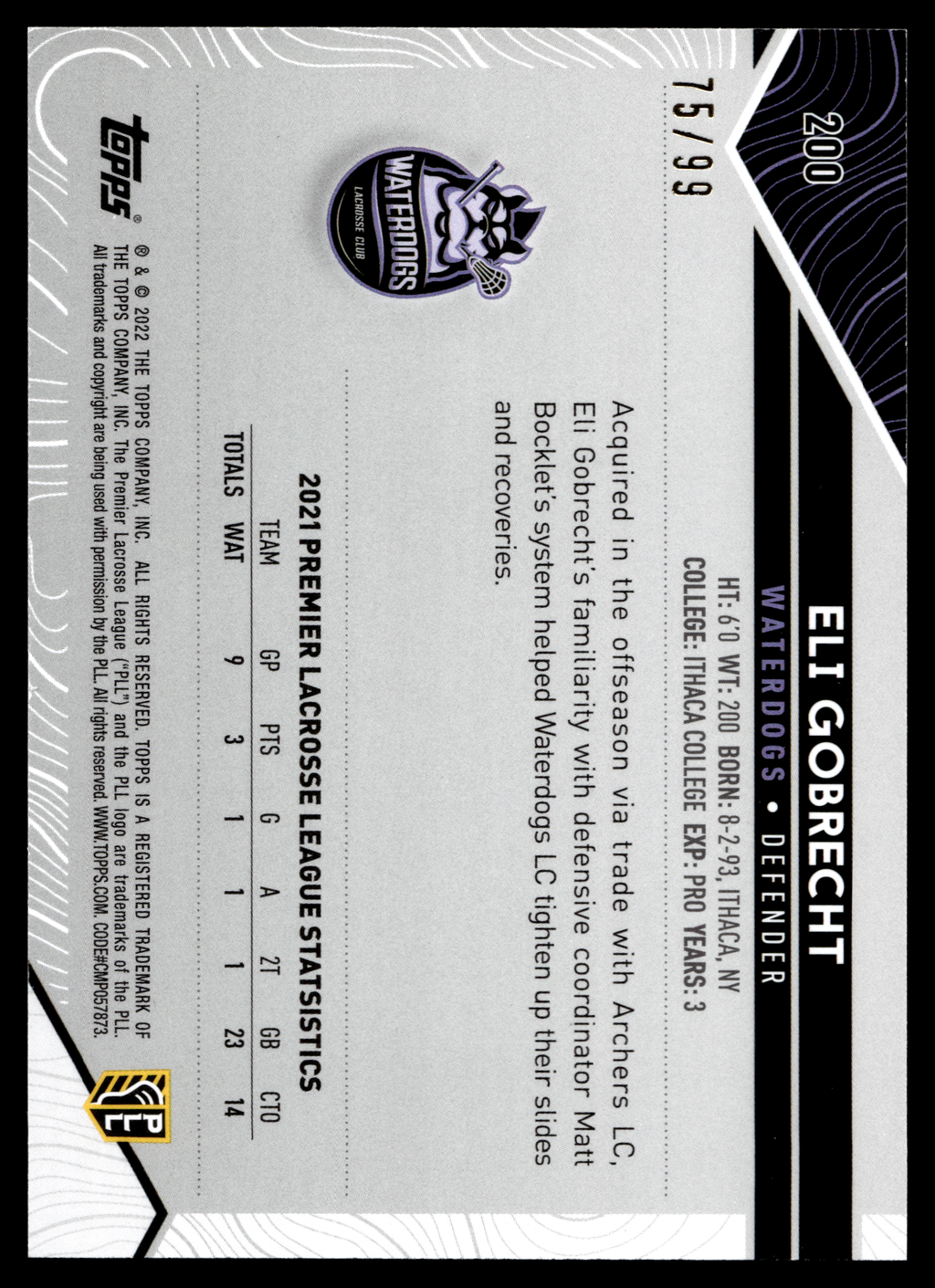 Eli Gobrecht 2022 Topps PLL Waterdogs Blue 75/99 #200