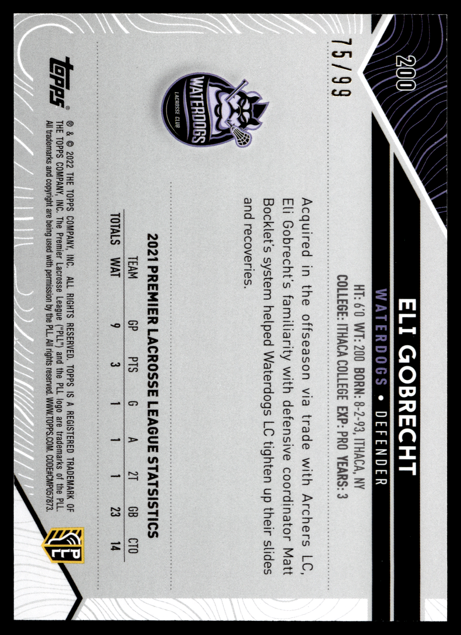 Eli Gobrecht 2022 Topps PLL Waterdogs Blue 75/99 #200