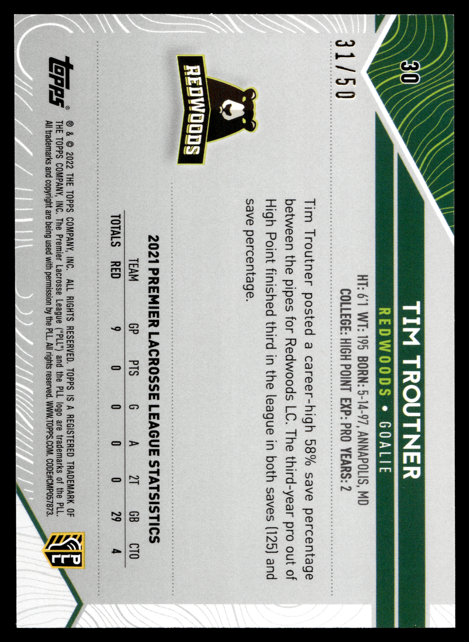 Tim Troutner 2022 Topps PLL Redwoods Gold 31/50 #30
