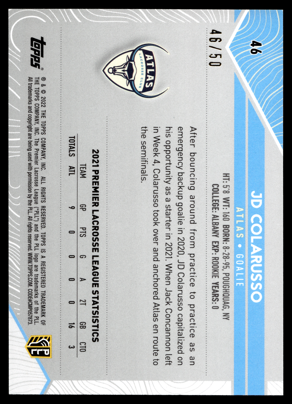 JD Colarusso 2022 Topps PLL Atlas Gold 46/50 #46