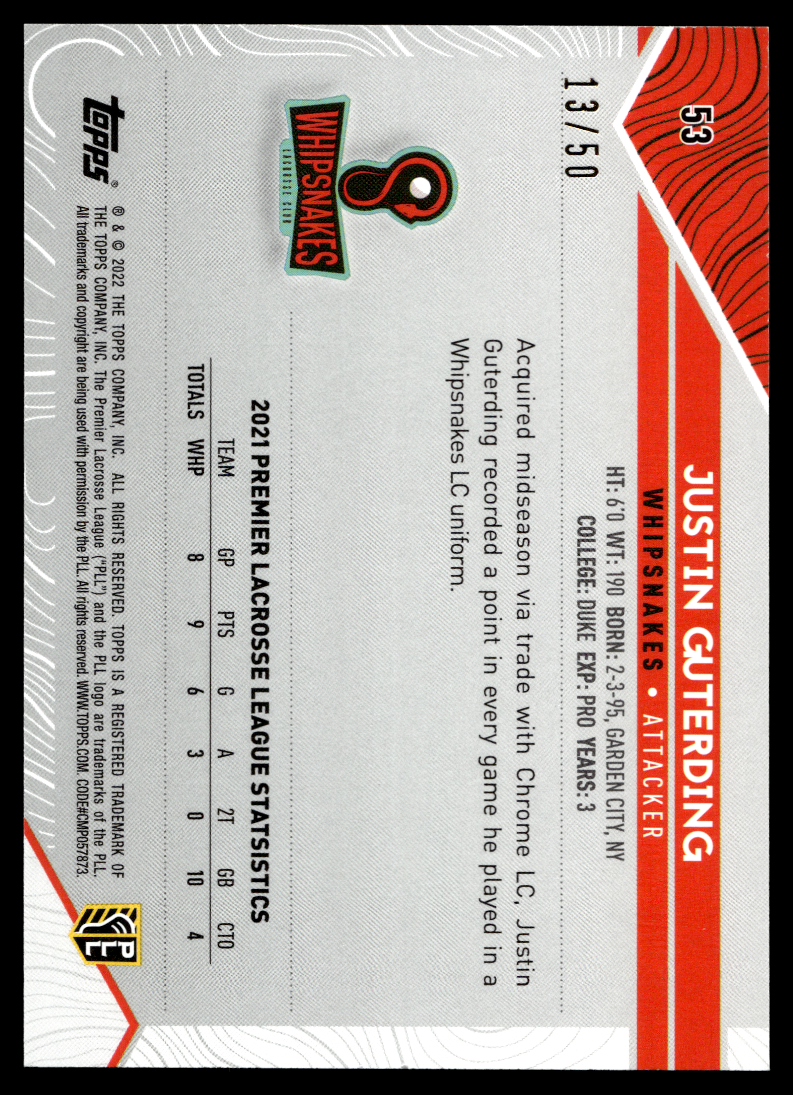 Justin Guterding 2022 Topps PLL Whipsnakes Gold 13/50 #53