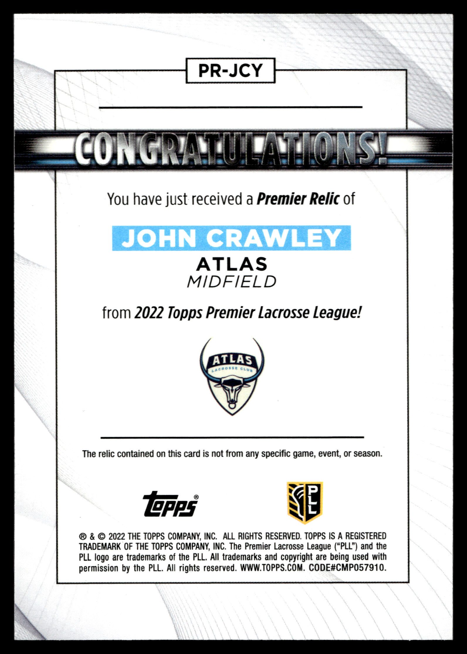 John Crawley 2022 Topps PLL Atlas Premier Relics #PR-JCY