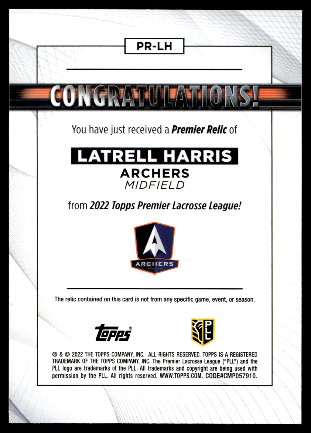 Latrell Harris 2022 Topps PLL Archers Premier Relics #PR=LH