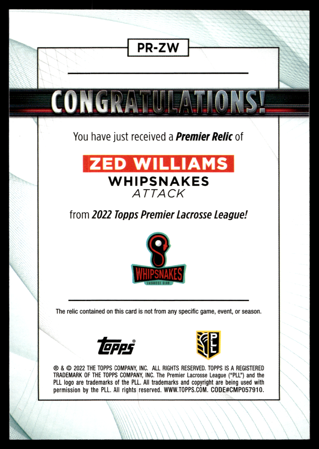 Zed Williams 2022 Topps PLL Whipsnakes Premier Relics #PR-ZW