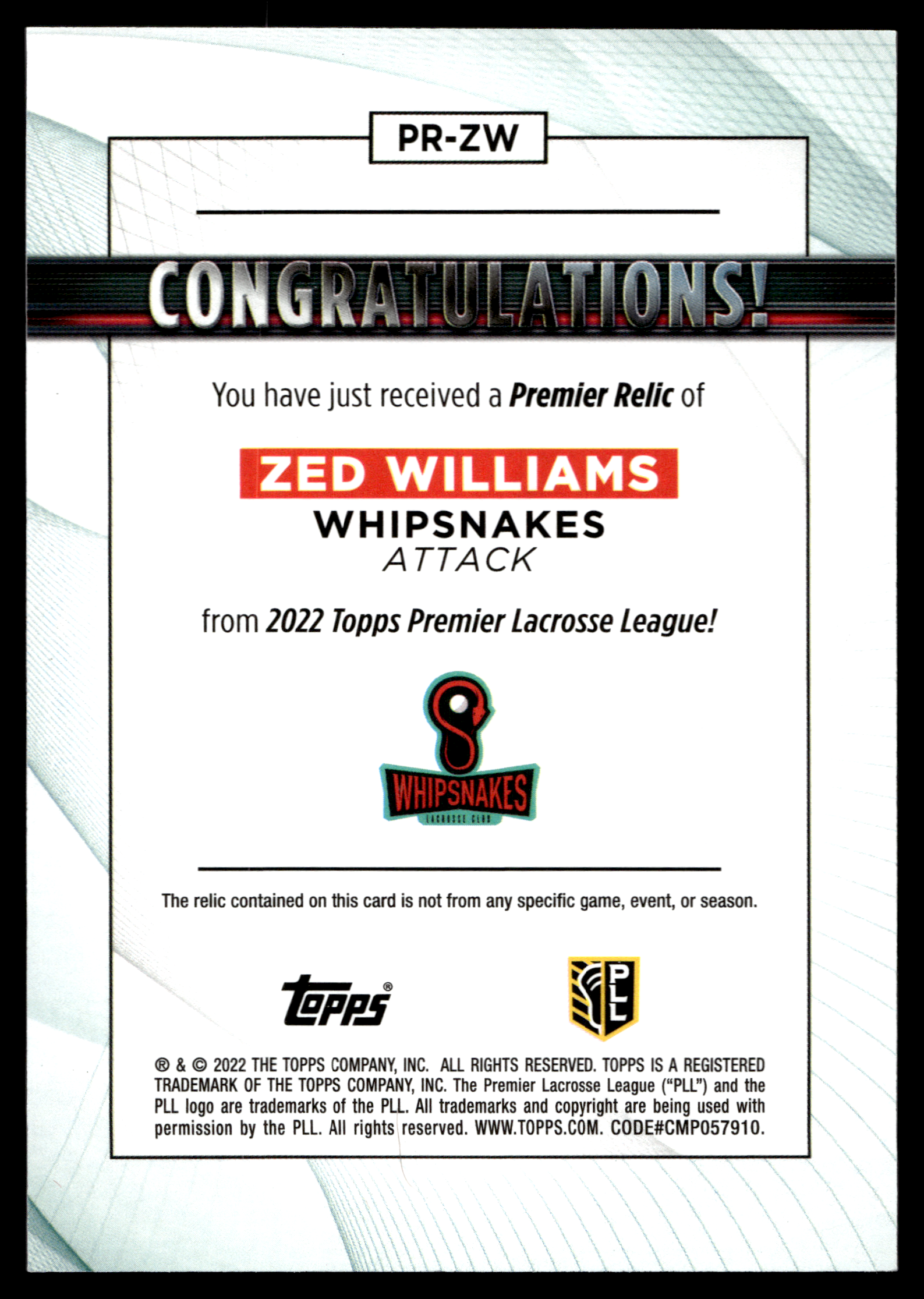 Zed Williams 2022 Topps PLL Whipsnakes Premier Relics #PR-ZW