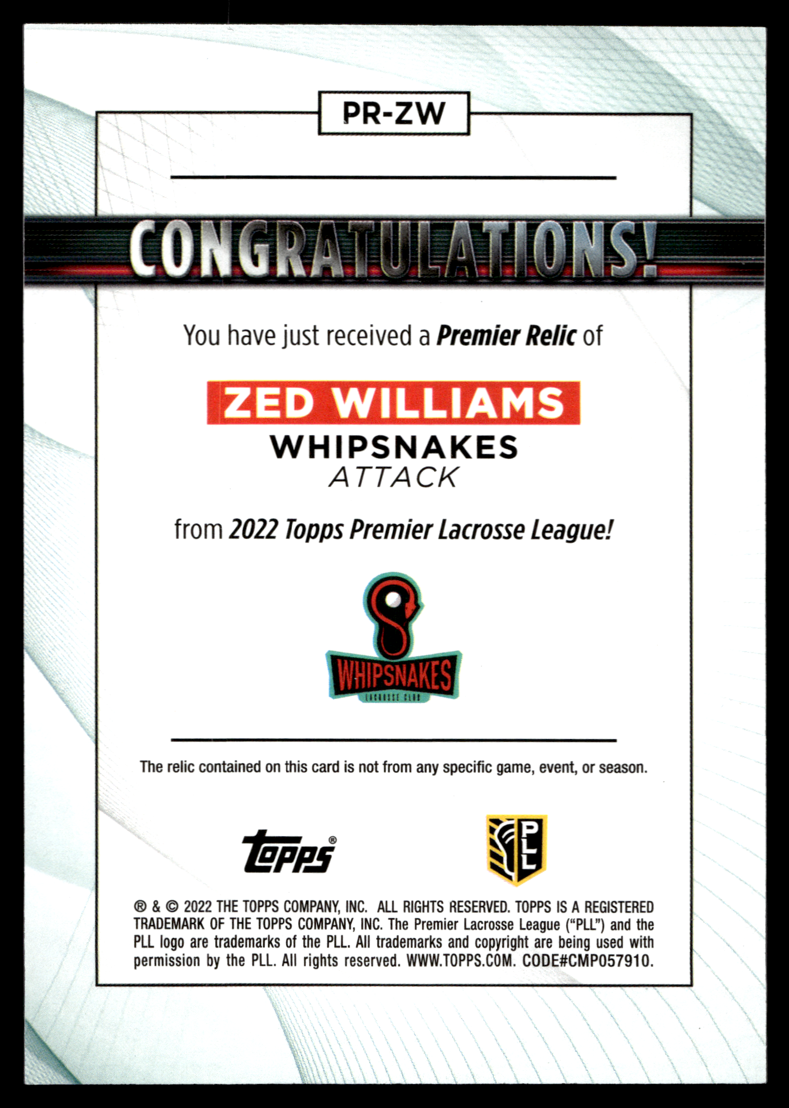 Zed Williams 2022 Topps PLL Whipsnakes Premier Relics #PR-ZW