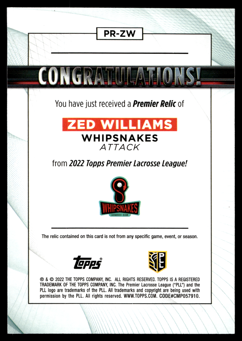Zed Williams 2022 Topps PLL Whipsnakes Premier Relics #PR-ZW