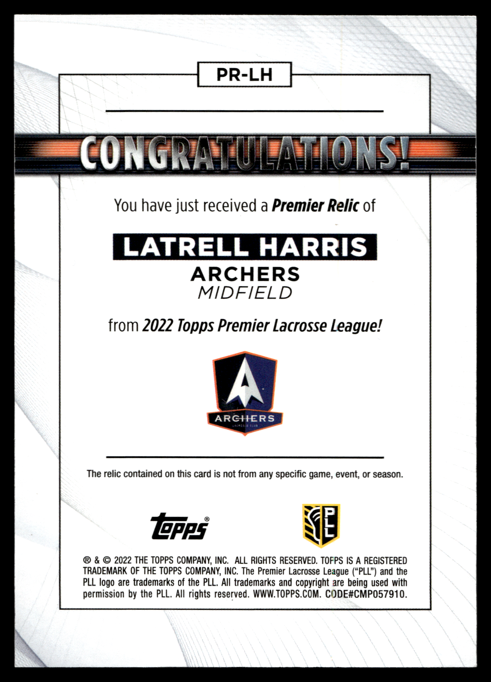 Latrell Harris 2022 Topps PLL Archers Premier Relics #PR=LH