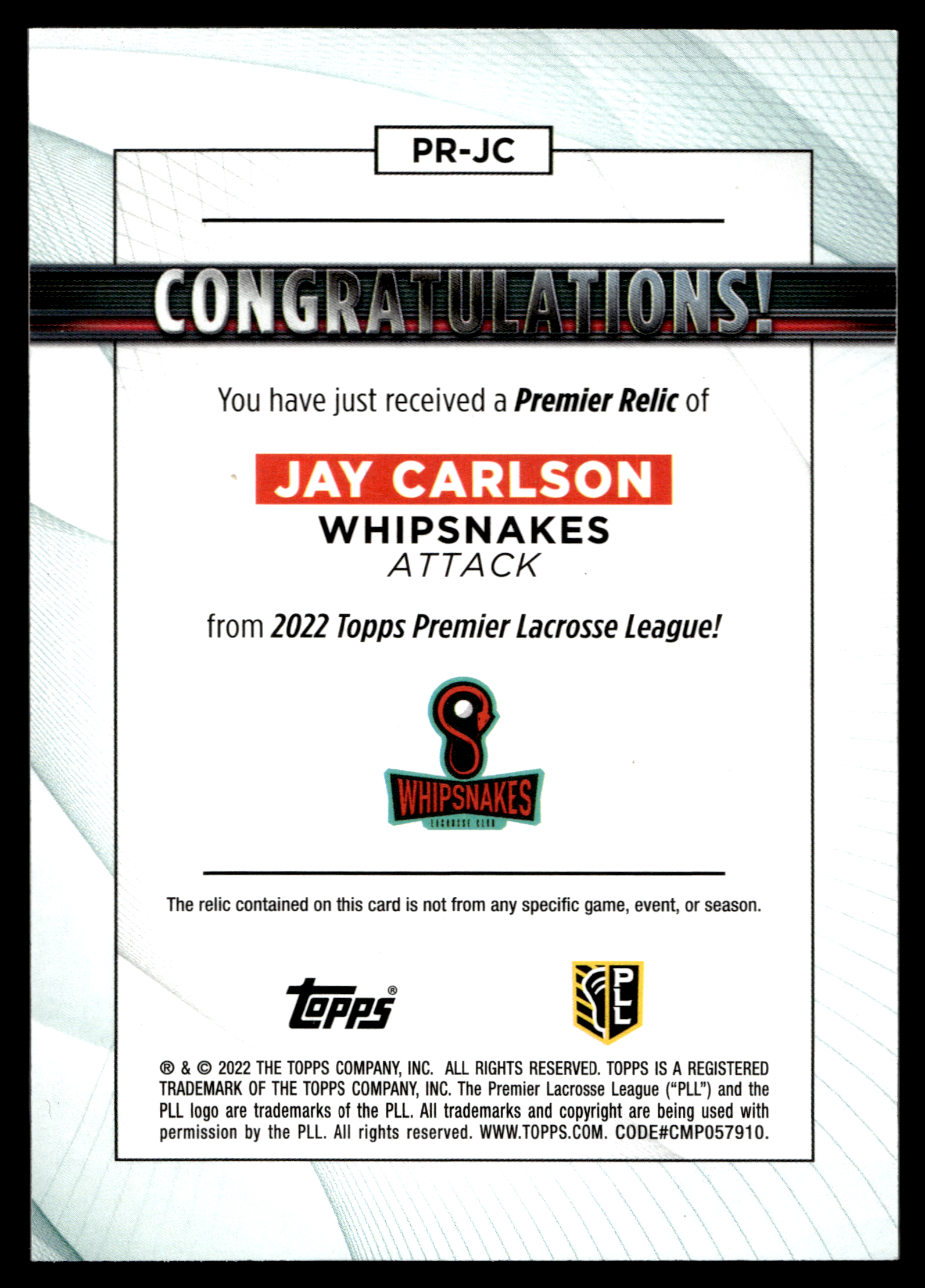 Jay Carlson 2022 Topps PLL Whipsnakes Premier Relics #PR-JC