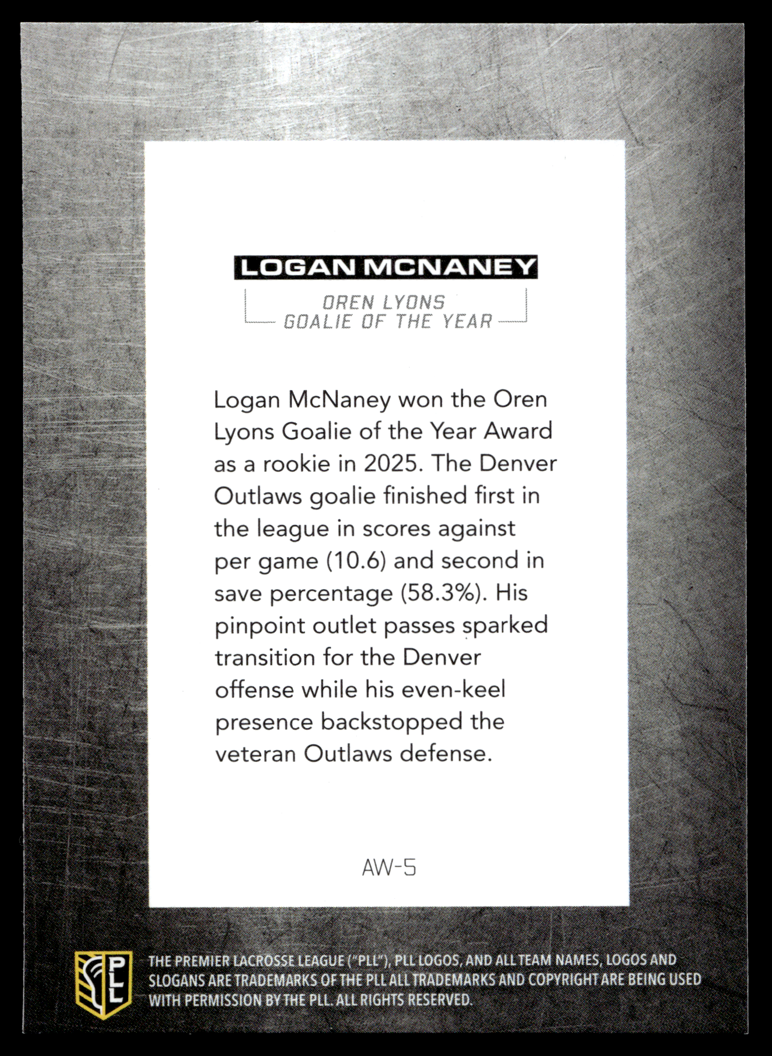 Logan McNaney 2026 PLL Fieldside II Denver Outlaws Award Winners #AW-5