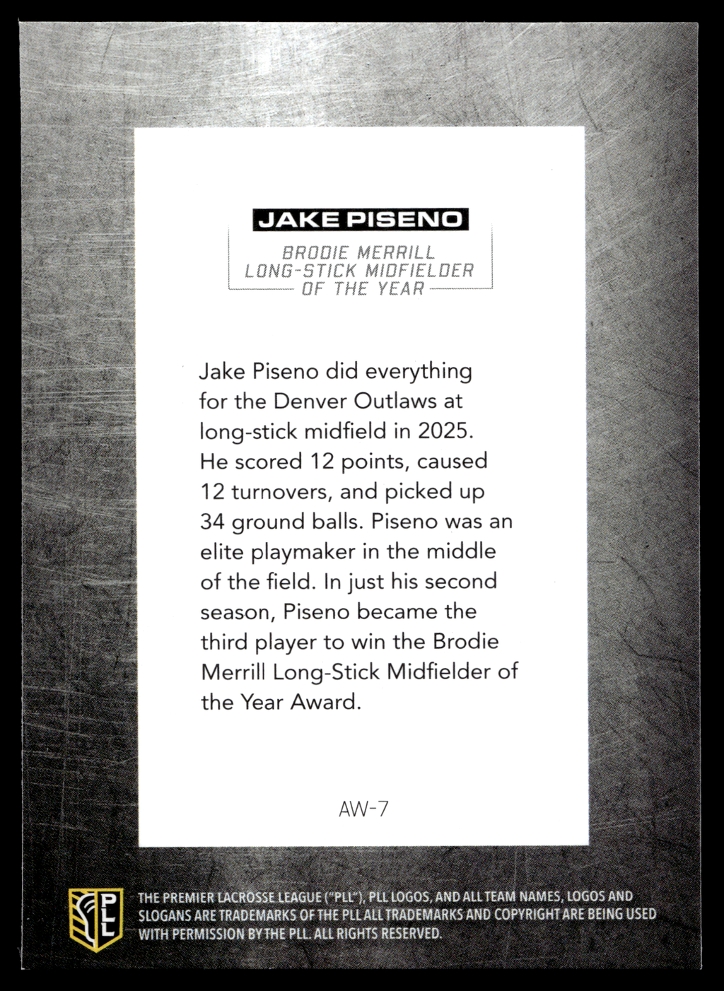 Jake Piseno 2026 PLL Fieldside II Denver Outlaws Award Winners #AW-7
