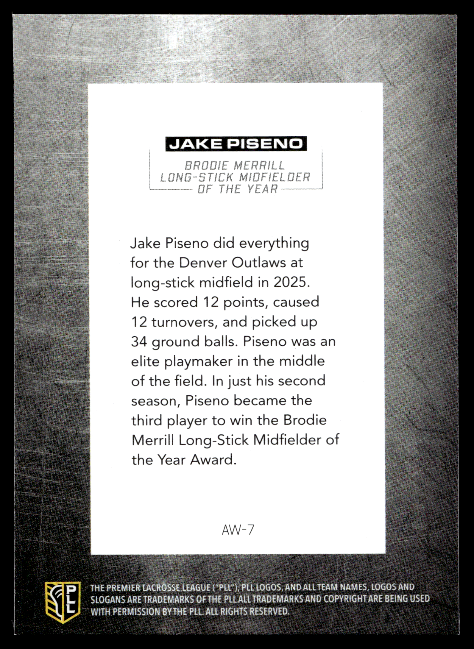 Jake Piseno 2026 PLL Fieldside II Denver Outlaws Award Winners #AW-7