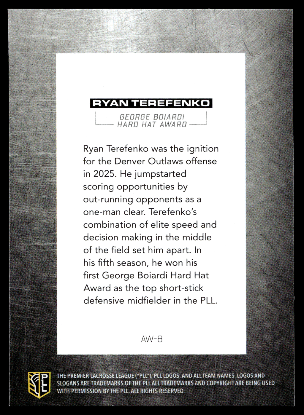 Ryan Terefenko 2026 PLL Fieldside II Denver Outlaws Award Winners #AW-8