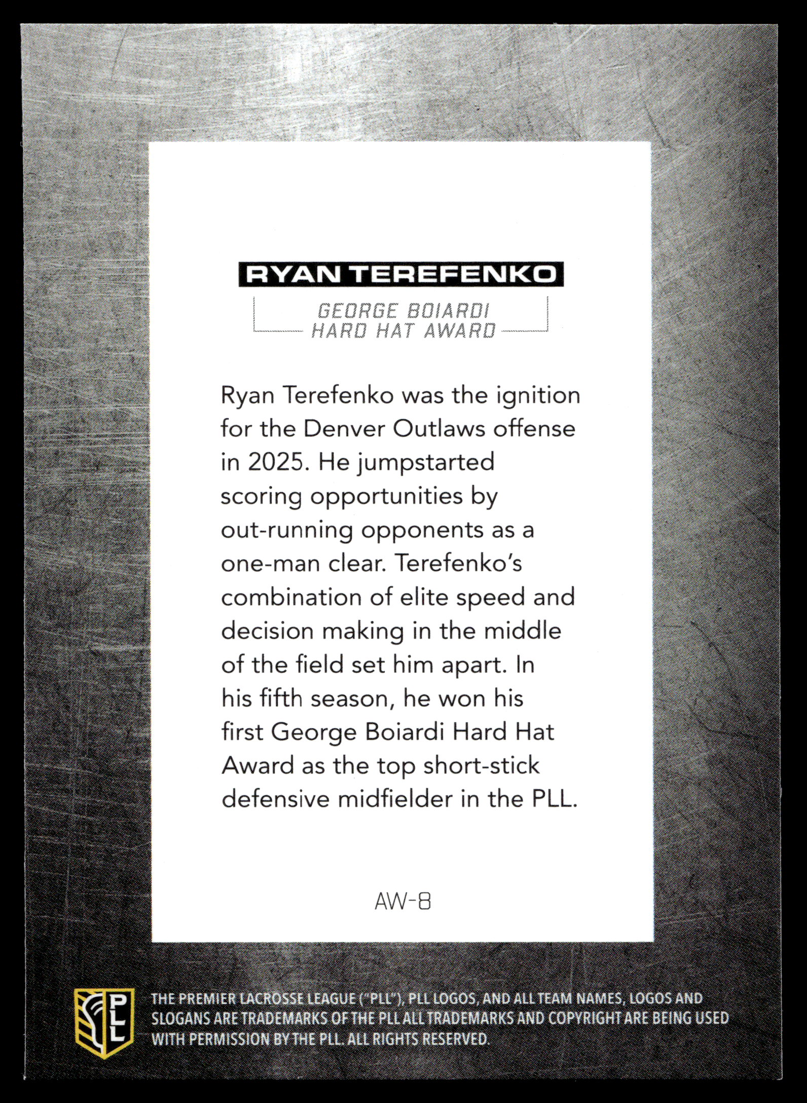 Ryan Terefenko 2026 PLL Fieldside II Denver Outlaws Award Winners #AW-8