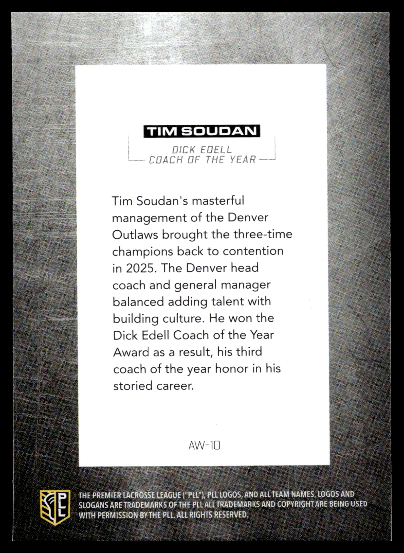 Tim Soudan 2026 PLL Fieldside II Denver Outlaws Award Winners #AW=10