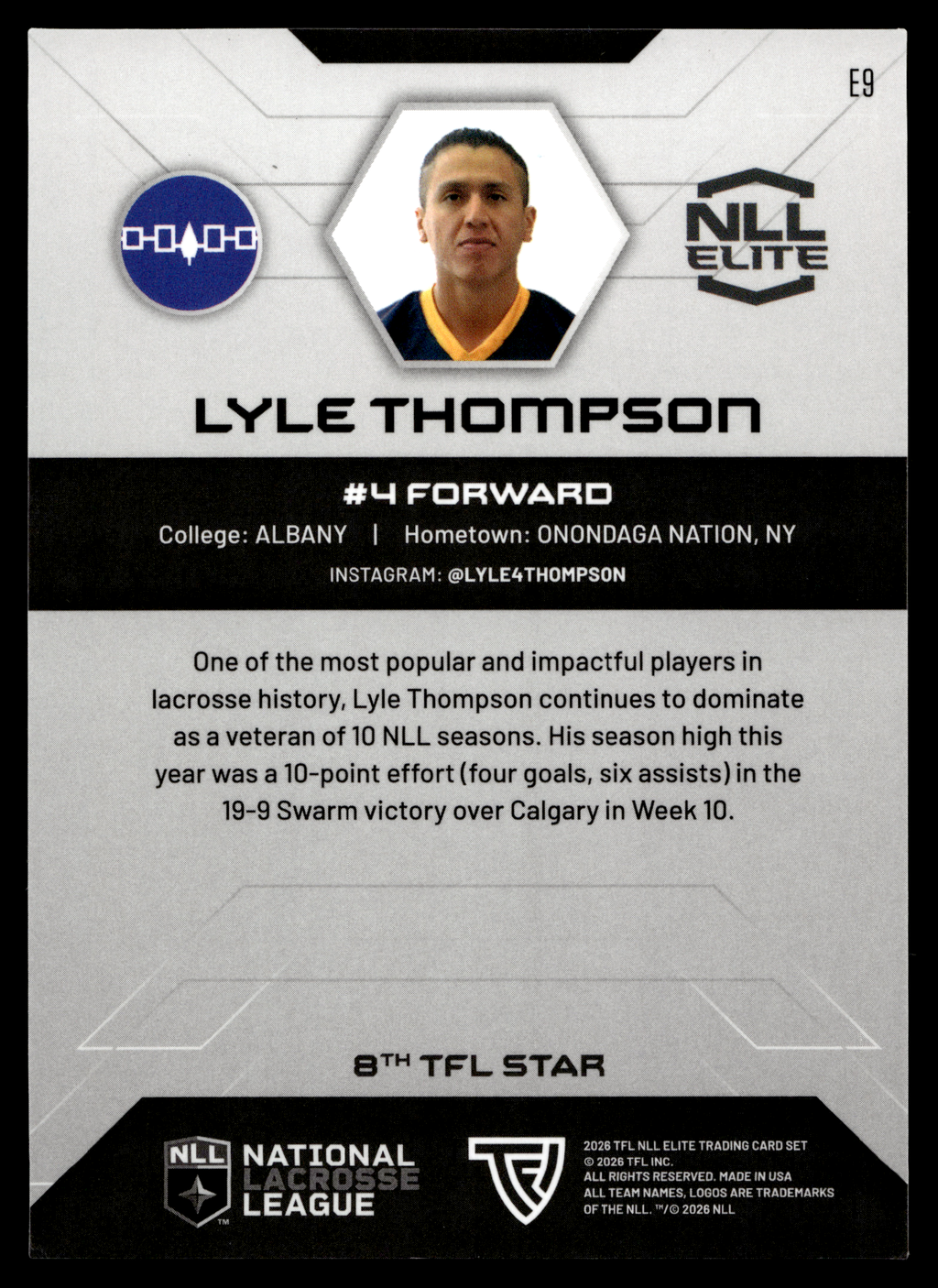 Lyle Thompson 2026 TFL NLL ELITE Georgia Swarm Home Floor 57/75 #E9