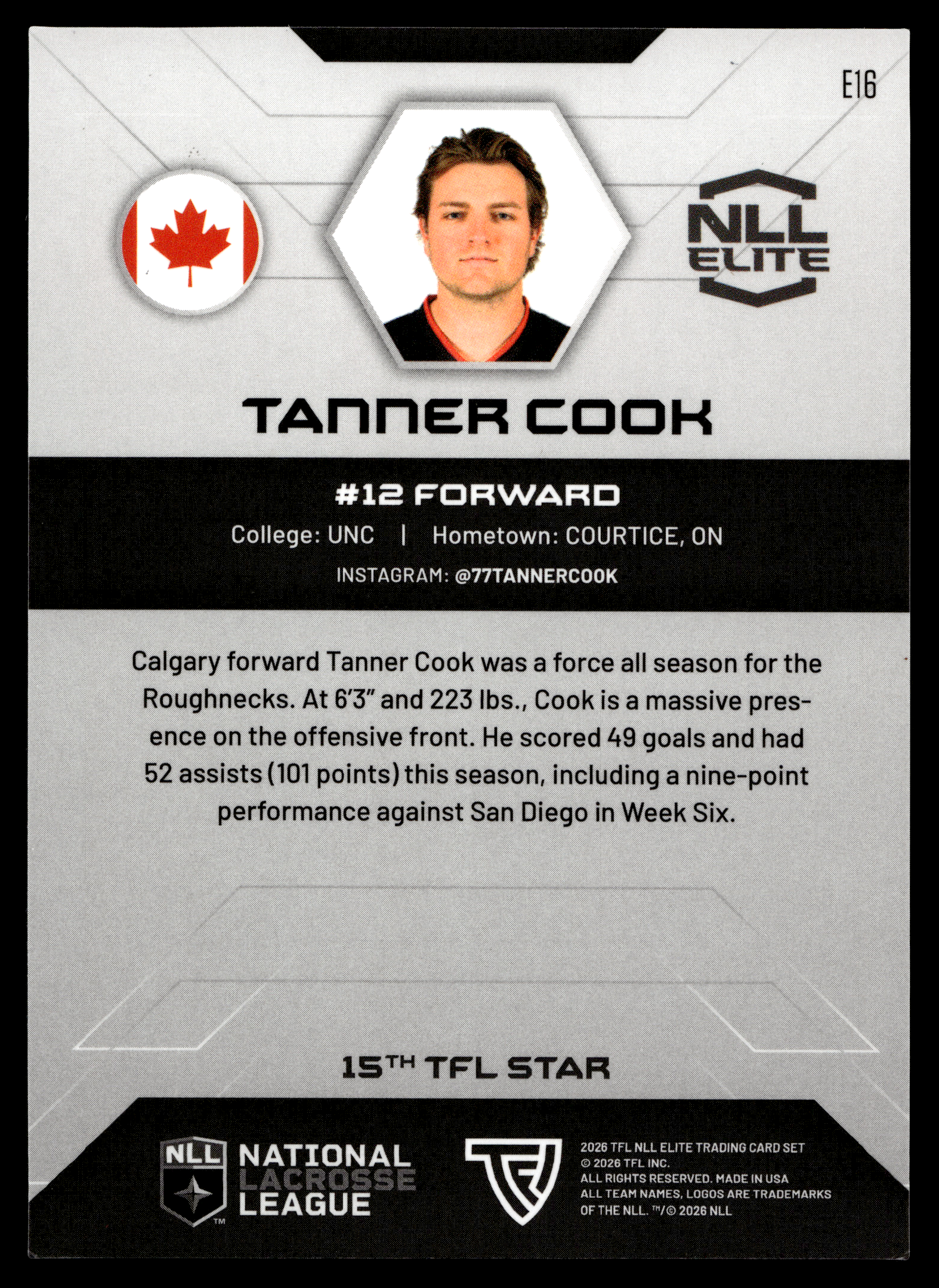 Tanner Cook 2026 TFL NLL ELITE Calgary Roughnecks Home Floor 51/75 #E16