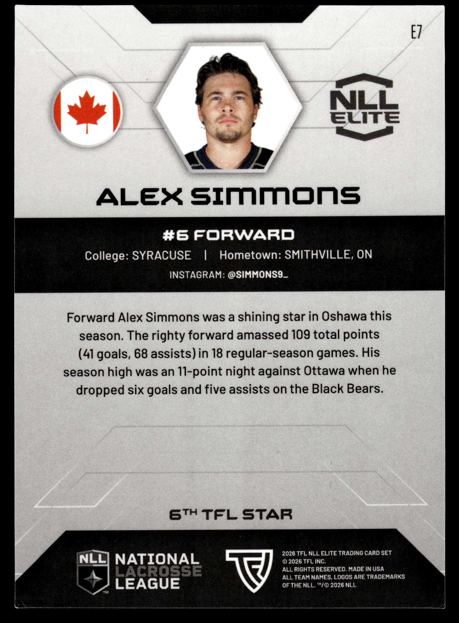 Alex Simmons 2026 TFL NLL ELITE Oshawa Firewolves Home Floor 63/75 #E7