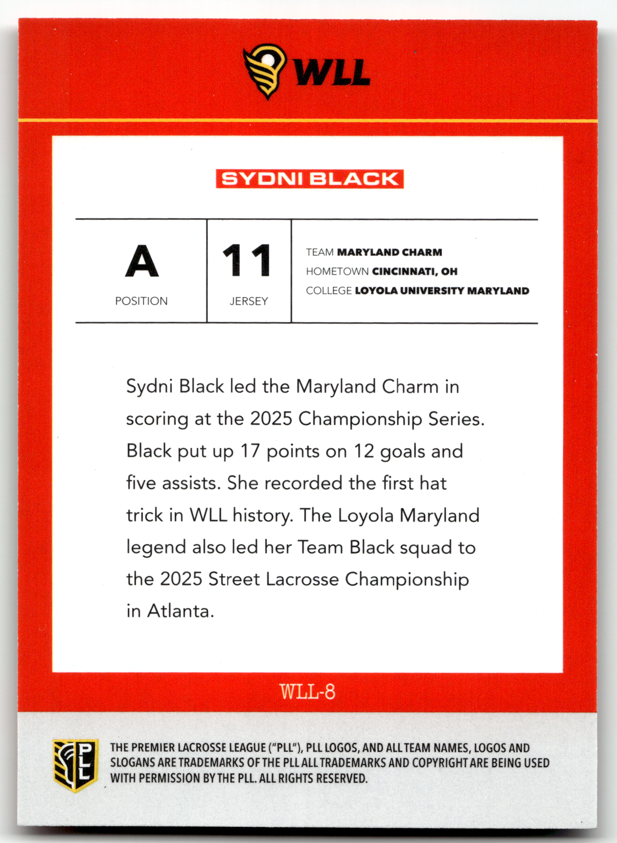 Sydni Black 2026 PLL Fieldside II Maryland Charm WLL Debut #WLL-8