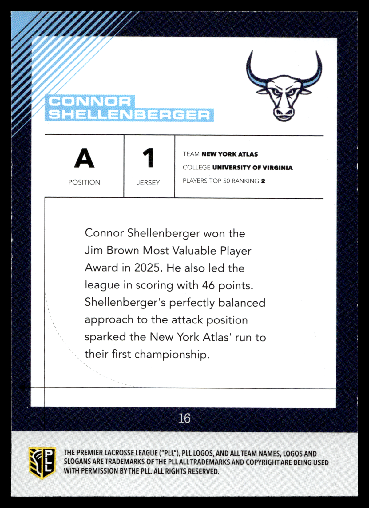 Connor Shellenberger 2026 PLL Fieldside II New York Atlas Matte Finish #16