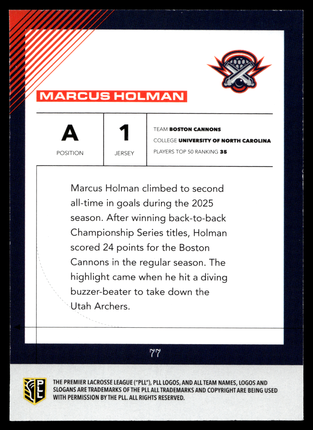 Marcus Holman 2026 PLL Fieldside II Boston Cannons Matte Finish #77