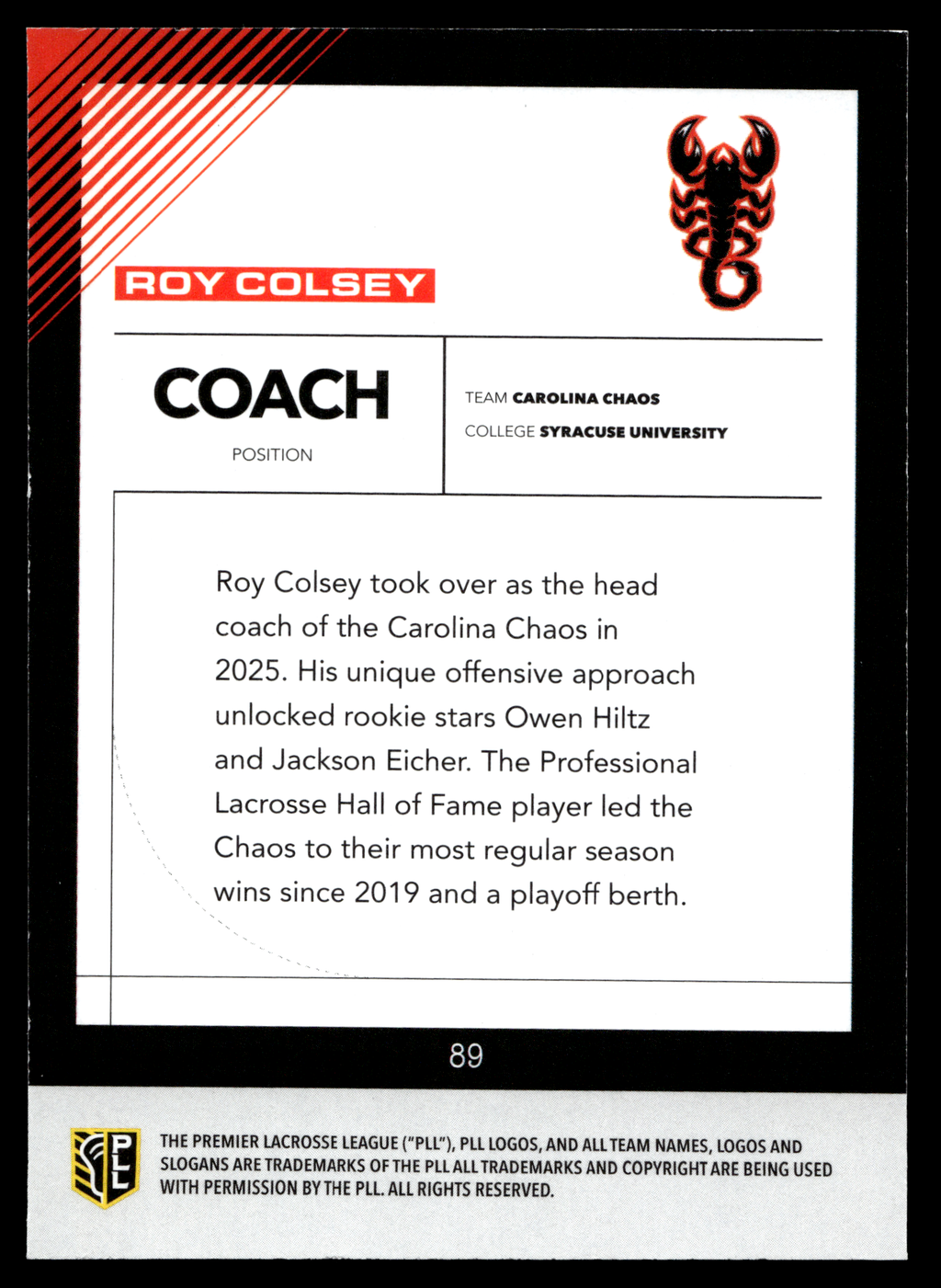 Roy Colsey 2026 PLL Fieldside II Carolina Chaos Matte Finish #89