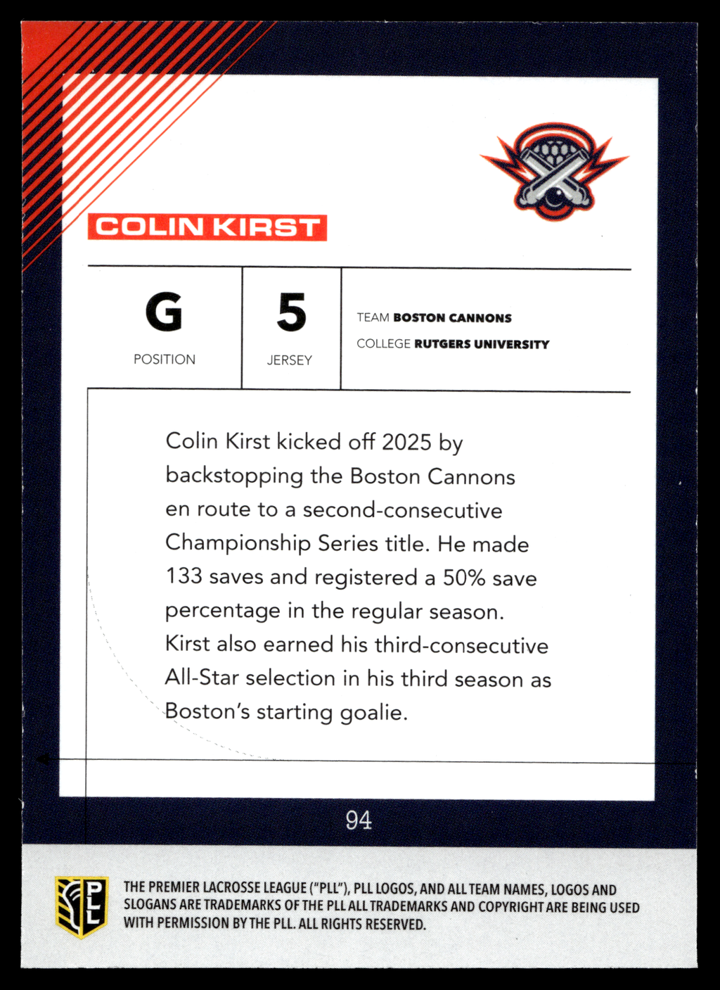 Colin Kirst 2026 PLL Fieldside II Boston Cannons Matte Finish #94