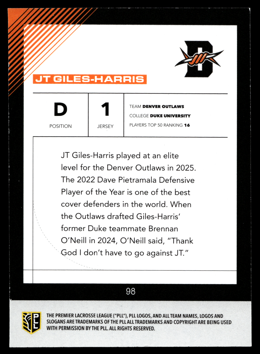 JT Giles-Harris 2026 PLL Fieldside II Denver Outlaws Matte Finish #98