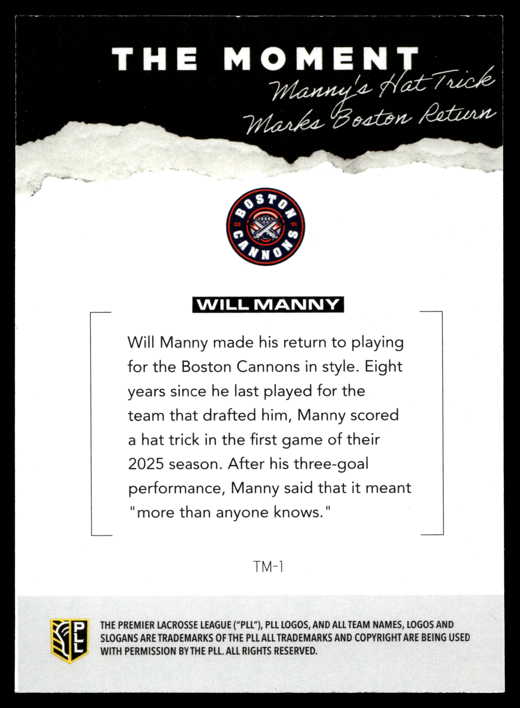 Will Manny 2026 PLL Fieldside II Boston Cannons The Moment #TM-1