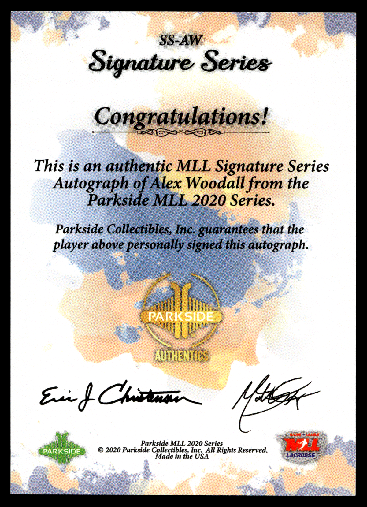 Alex Woodall 2020 MLL Parkside Select Series Atlanta Blaze Autograph #SS-AW