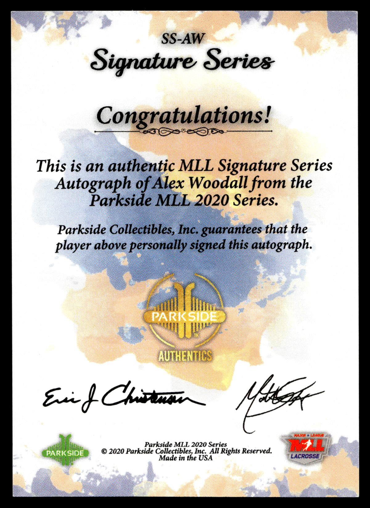 Alex Woodall 2020 MLL Parkside Select Series Atlanta Blaze Autograph #SS-AW