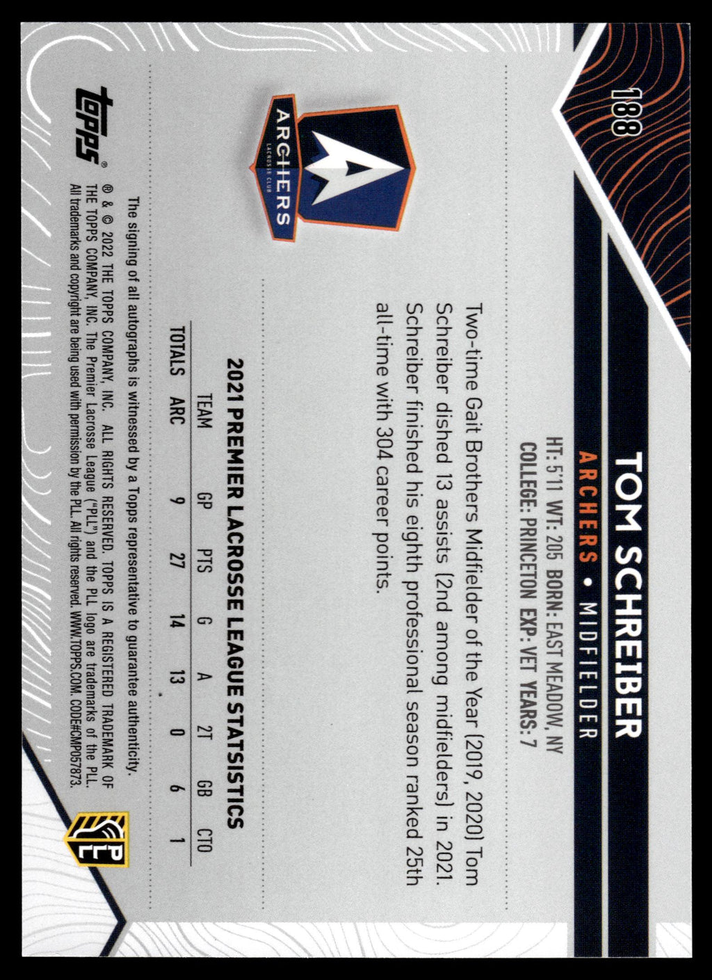 Tom Schrieber 2022 Topps PLL Archers Base Auto (Black Auto) #188