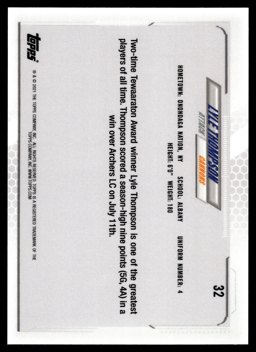Lyle Thompson 2021 Topps PLL First Edition Cannons #32