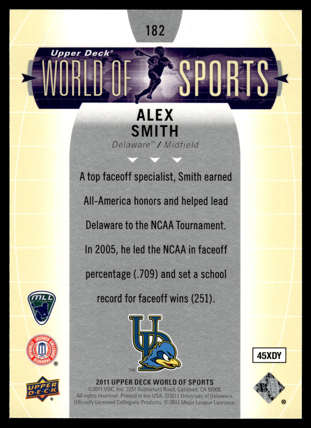 Alex Smith 2011 Upper Deck World of Sports Delaware Fightin' Blue Hens #182