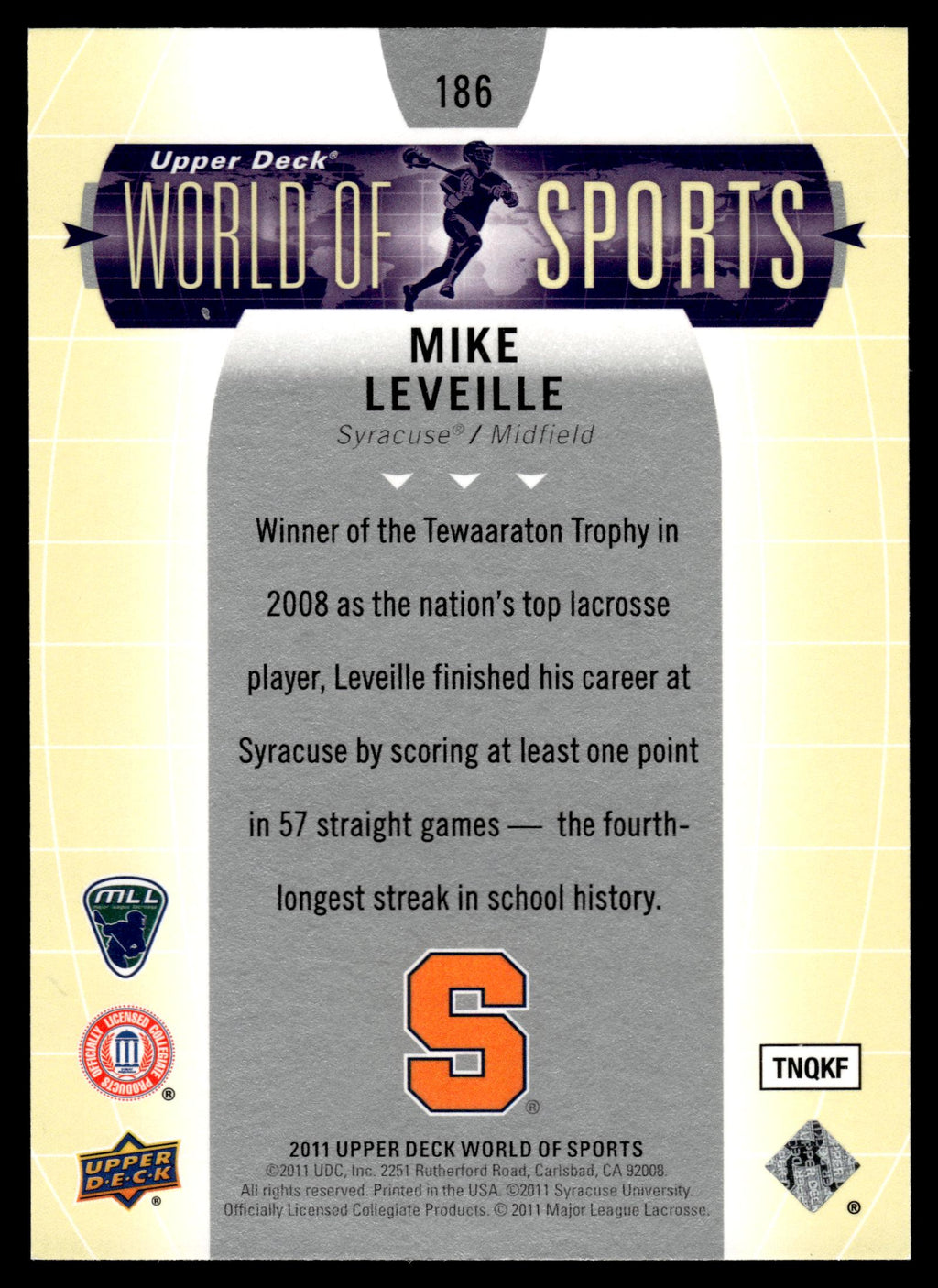 Mike Leveille 2011 Upper Deck World of Sports Syracuse Orange #186