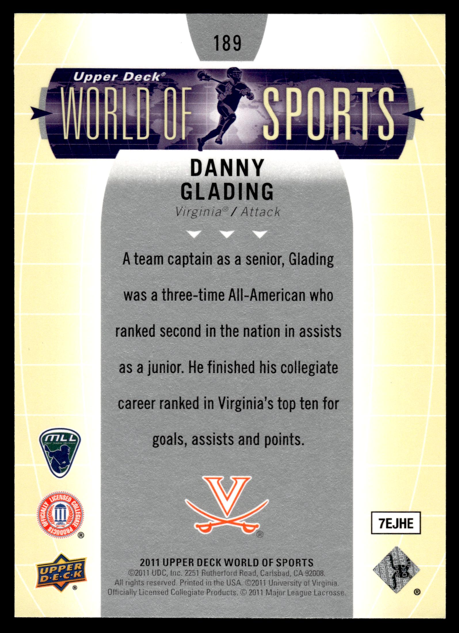 Danny Glading 2011 Upper Deck World of Sports Virginia Cavaliers #189